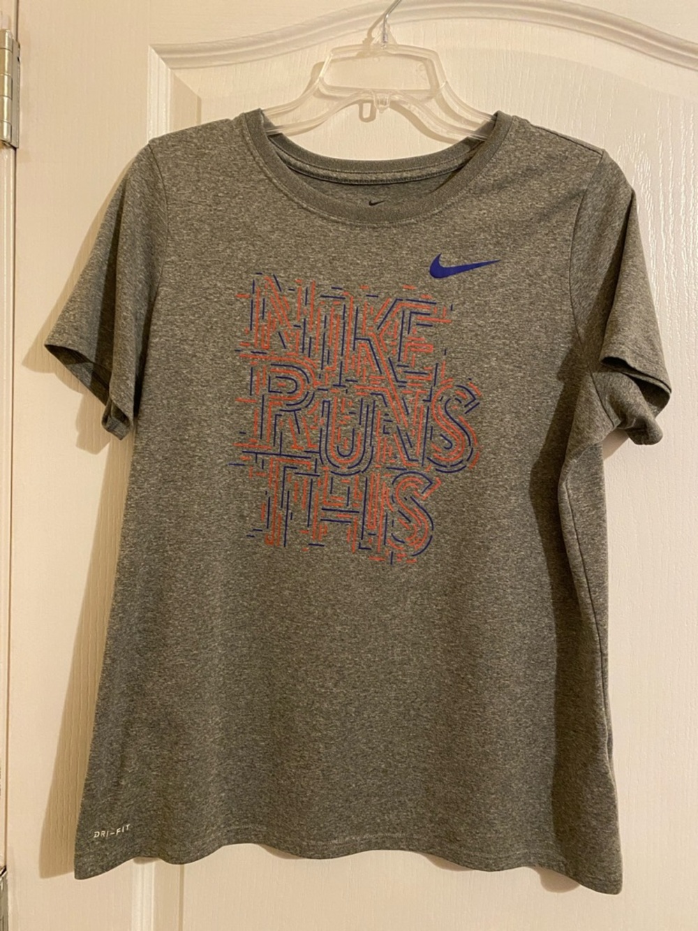 Women’s Nike Athletic Gray Dri Fit Running Shirt “Nike Runs This” Slogan Size L